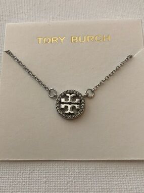 Tory Burch Silver Logo Crystal Circle Necklace